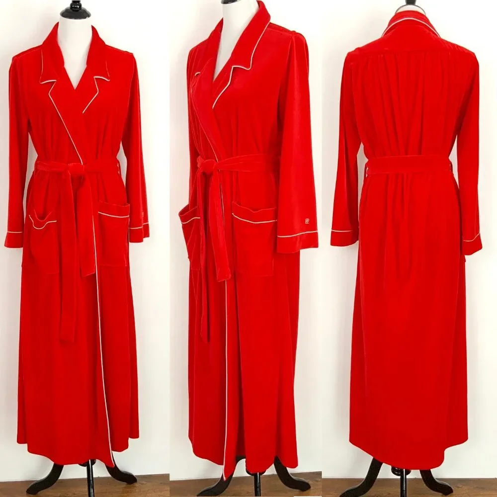 Vintage 80s Pierre Cardin Red Maxi Robe With White Piping Sz M - Picture 2 of 16